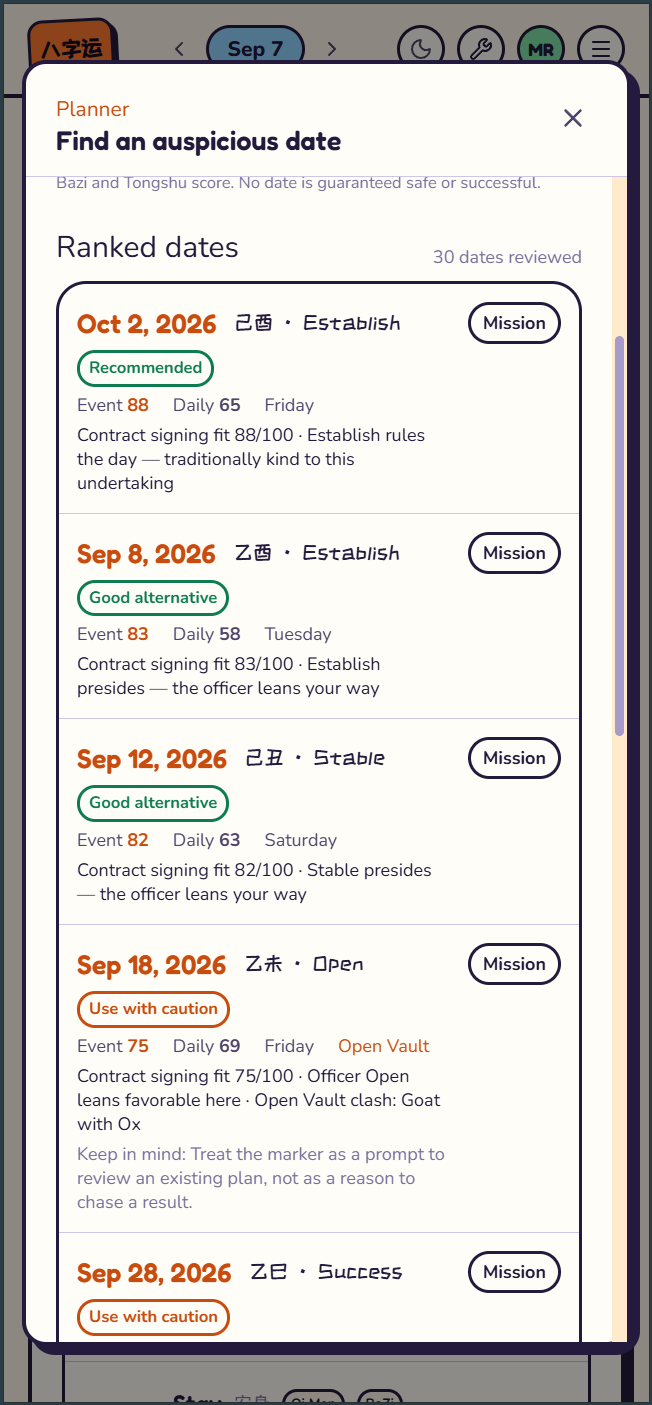 Auspicious day planner — ranked dates with event scores